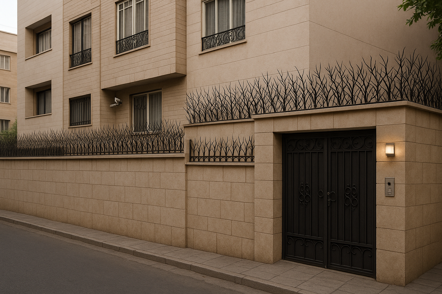 نمای خانه با امنیت بالا در برابر سرقت با نصب حفاظ شاخ گوزنی روی دیوار