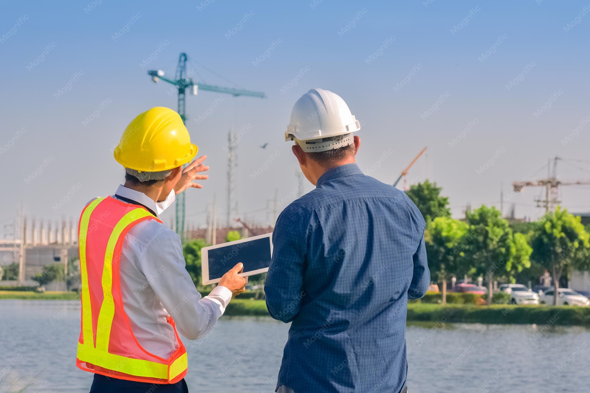 مهندس ناظر در حال بررسی پیشرفت ساختوساز در یک پروژه بزرگ