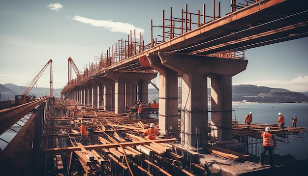 عکسی از ساخت و ساز پل ویادکت، نشاندهنده تیم مهندسان در حال نصب سازههای فلزی