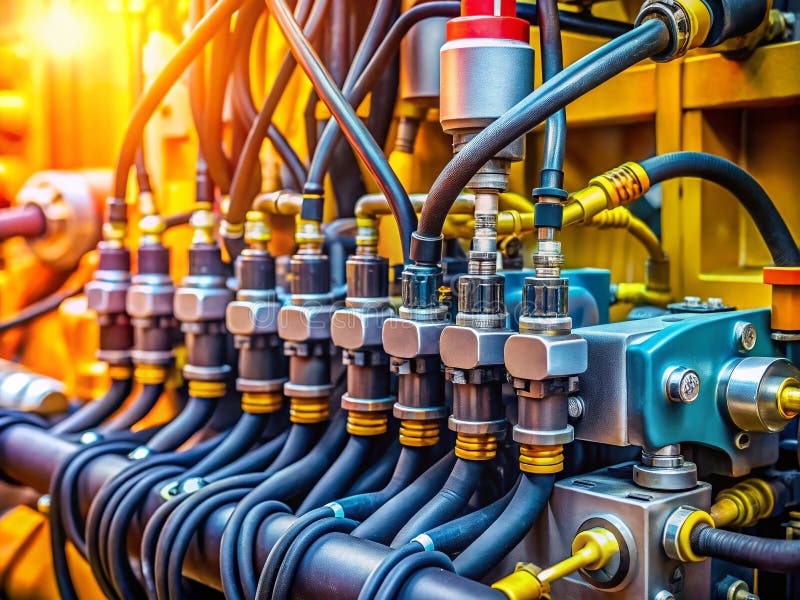 نمای نزدیک از اتصالات الکتریکی، هیدرولیک و مکانیکی در یک سیستم صنعتی