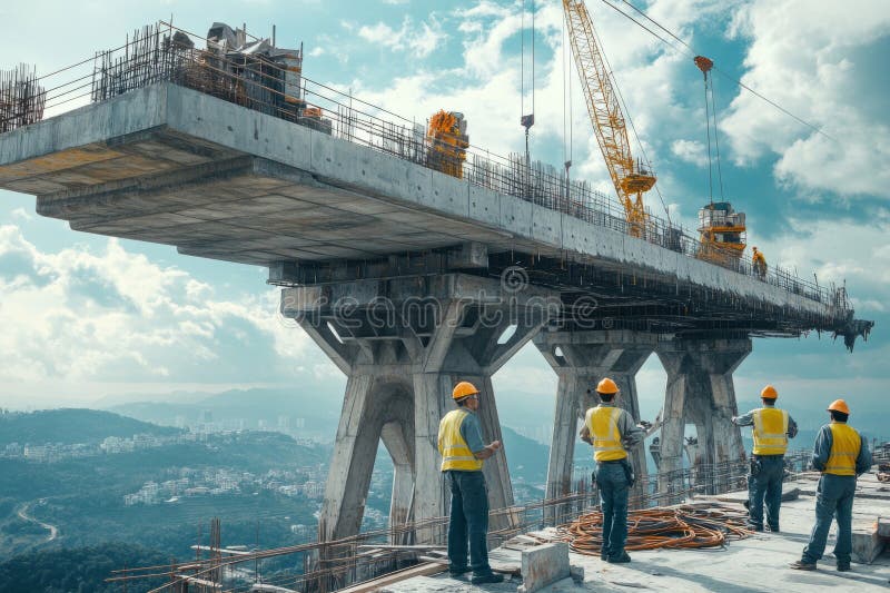 کارگران ساختمانی در حال نظارت بر ساخت پل، با تاکید بر ایمنی و مهندسی مدرن