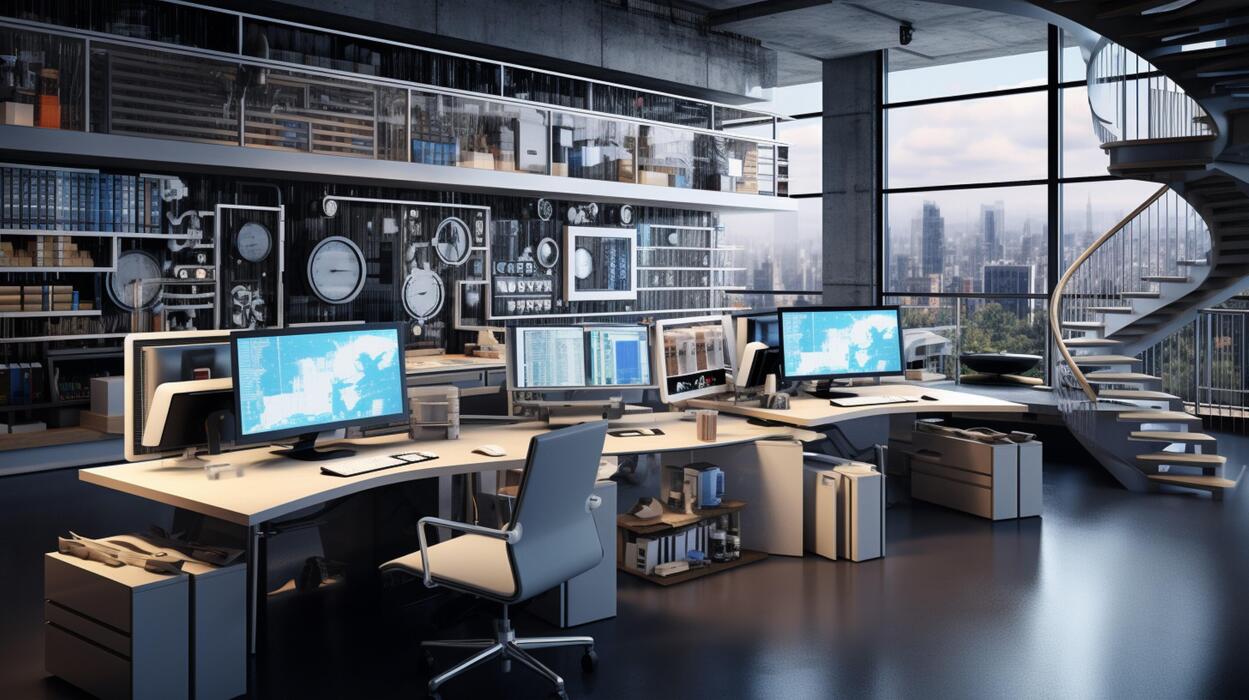 دفترفنی مدرن با تجهیزات کامپیوتری و نرمافزارهای مهندسی