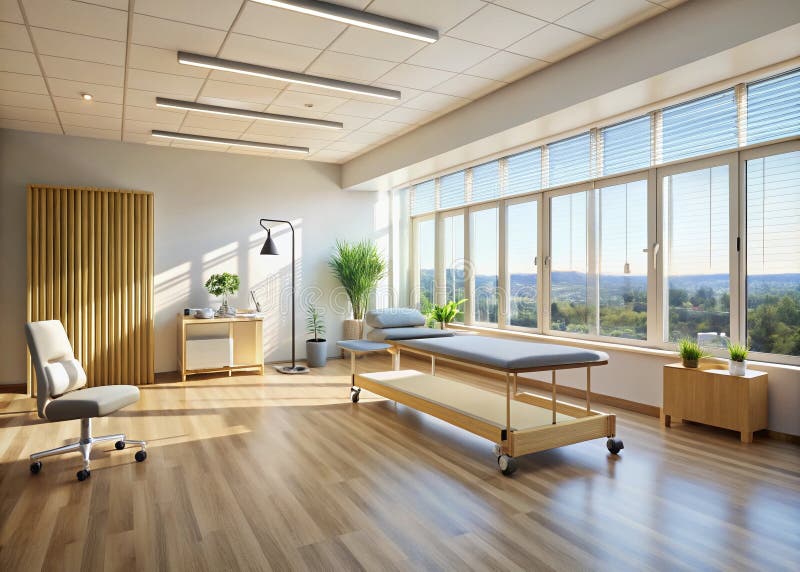 اتاق فیزیوتراپی مدرن با طراحی مینیمالیستی و نور طبیعی برای بهبود روند توانبخشی